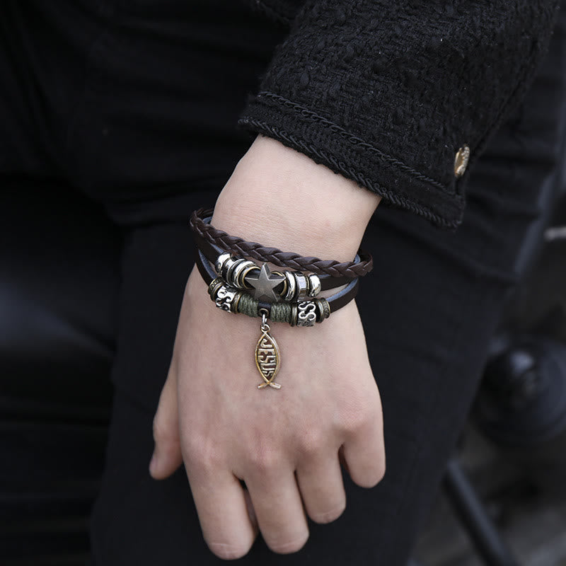 Christiandiscipleshop Retro Jesus Fish Adjustable Leather Cord Bracelet