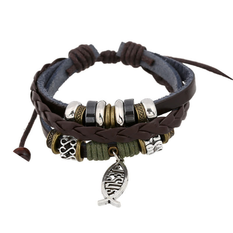 Christiandiscipleshop Retro Jesus Fish Adjustable Leather Cord Bracelet