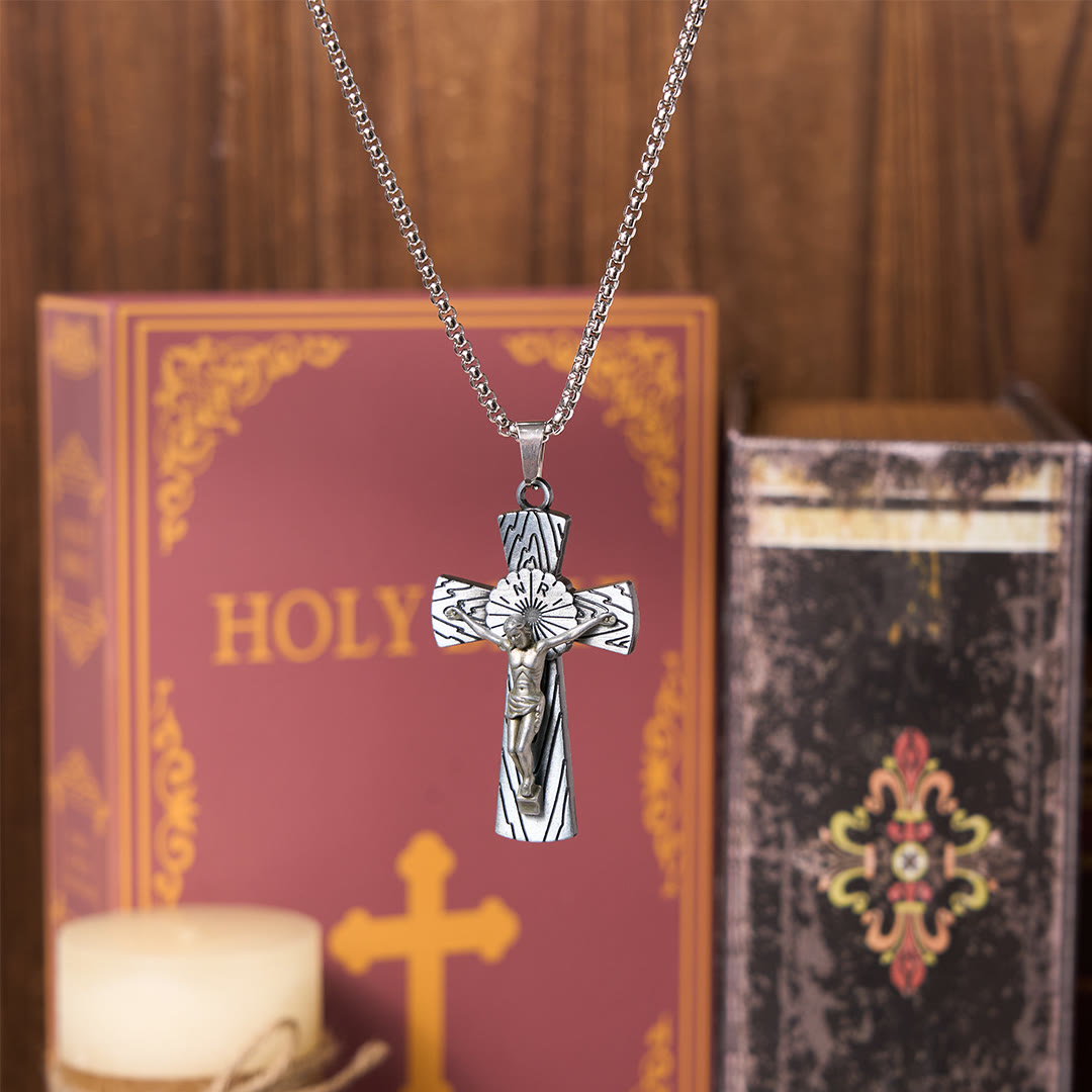 Christiandiscipleshop Retro Style Tree Pattern Jesus Cross Titanium Steel Pendant Necklace