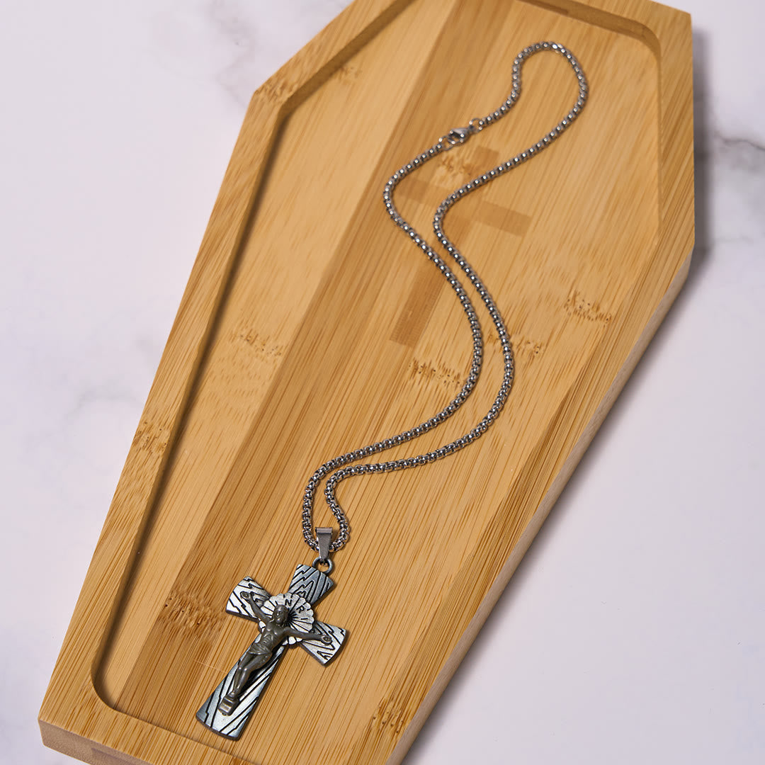 Christiandiscipleshop Retro Style Tree Pattern Jesus Cross Titanium Steel Pendant Necklace
