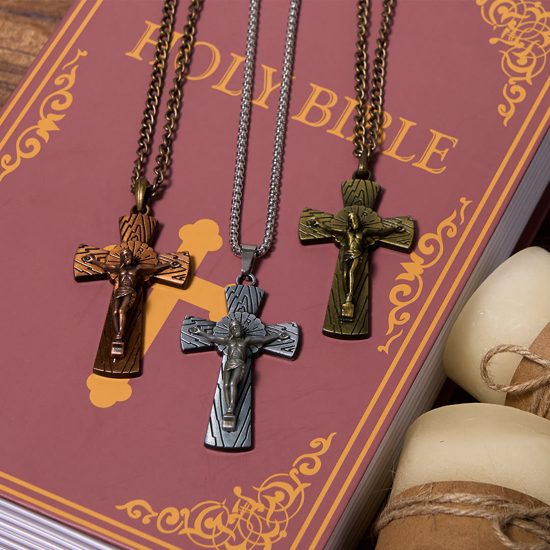 Christiandiscipleshop Retro Style Tree Pattern Jesus Cross Titanium Steel Pendant Necklace