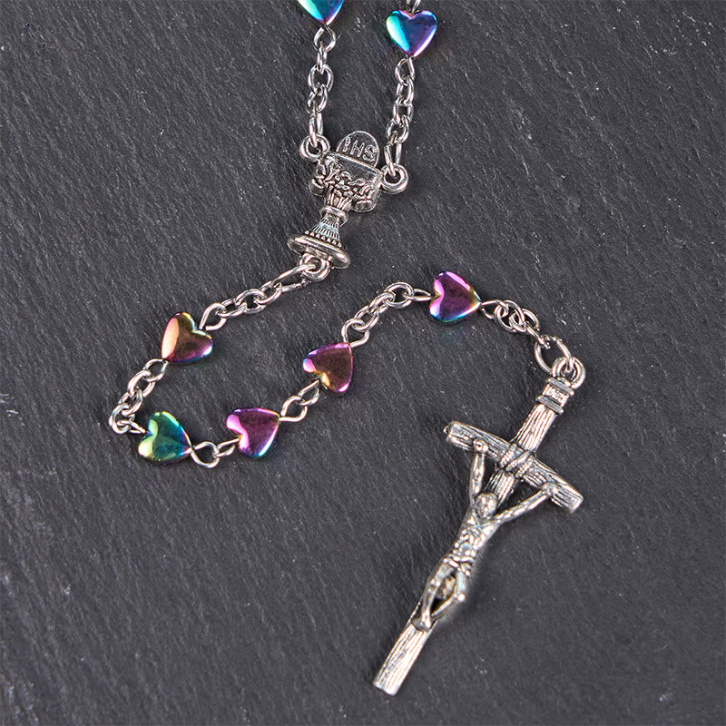christiandiscipleshop Holy Gail & Crucifix of 6 mm Heart Multicolor Black Gallstone Alloy Chain Rosary