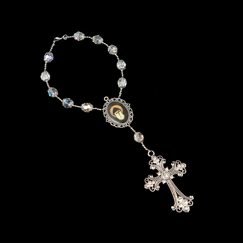 Christiandiscipleshop St. Charbel Medal & Cross of 10mm Clear Crystal One Decade Pocket Rosary
