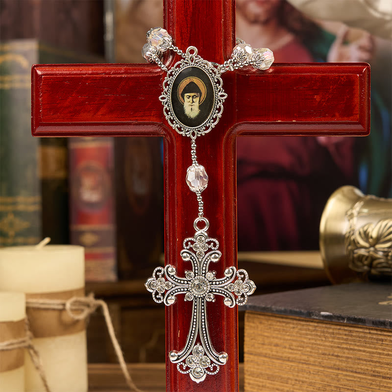 Christiandiscipleshop St. Charbel Medal & Cross of 10mm Clear Crystal One Decade Pocket Rosary