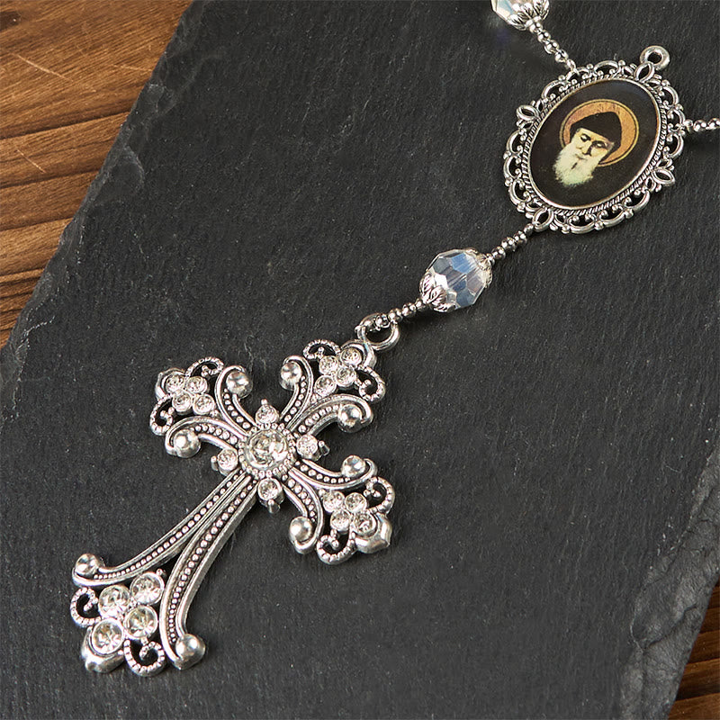 Christiandiscipleshop St. Charbel Medal & Cross of 10mm Clear Crystal One Decade Pocket Rosary