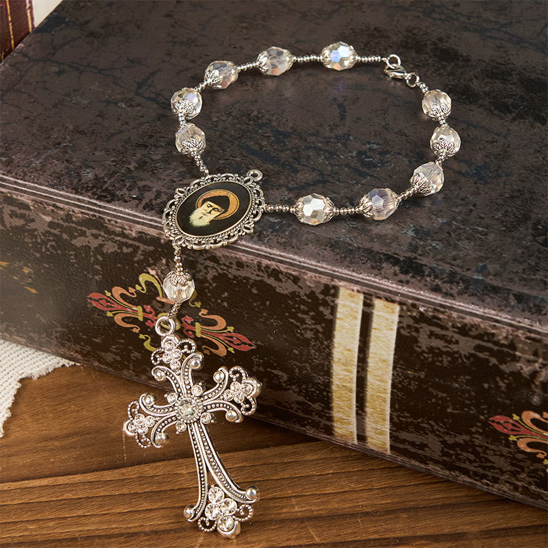 Christiandiscipleshop St. Charbel Medal & Cross of 10mm Clear Crystal One Decade Pocket Rosary