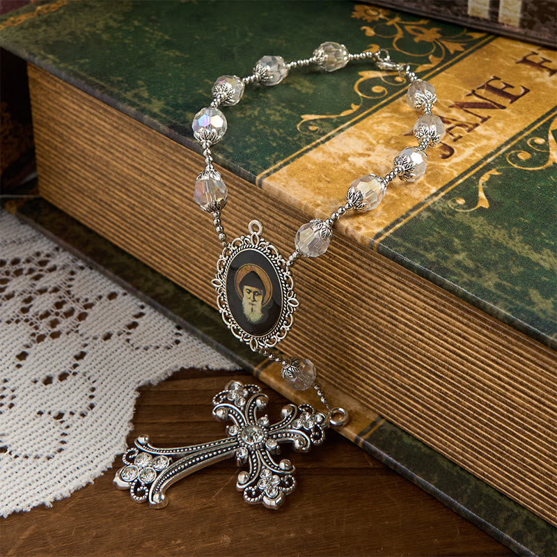 Christiandiscipleshop St. Charbel Medal & Cross of 10mm Clear Crystal One Decade Pocket Rosary