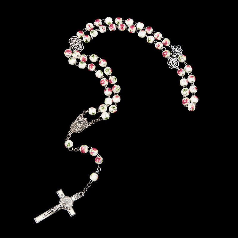 christiandiscipleshop Miraculous Medal & Crucifix of 8mm Pink Floral Ceramics Beads Prayer Rosary