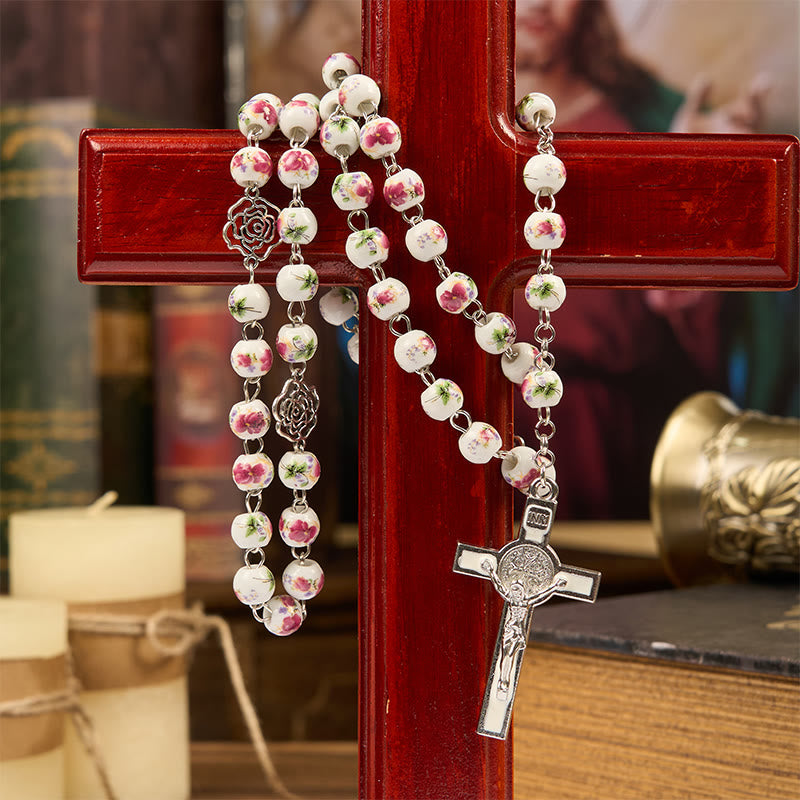 christiandiscipleshop Miraculous Medal & Crucifix of 8mm Pink Floral Ceramics Beads Prayer Rosary