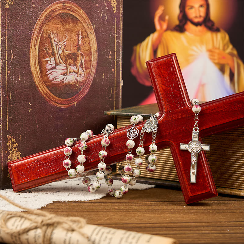 christiandiscipleshop Miraculous Medal & Crucifix of 8mm Pink Floral Ceramics Beads Prayer Rosary