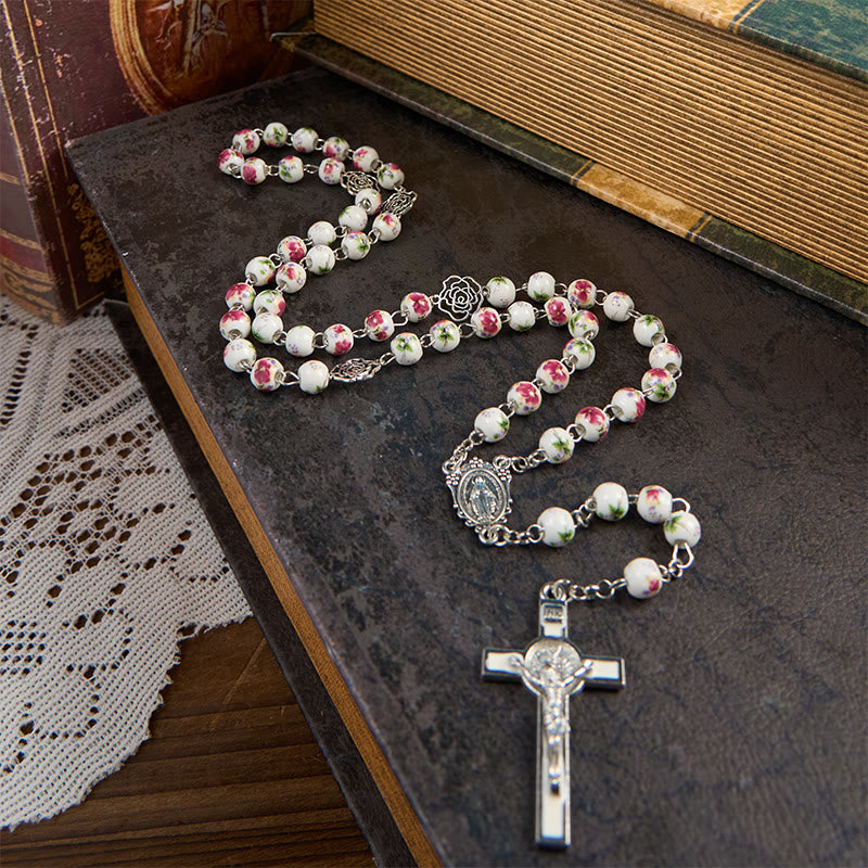 christiandiscipleshop Miraculous Medal & Crucifix of 8mm Pink Floral Ceramics Beads Prayer Rosary