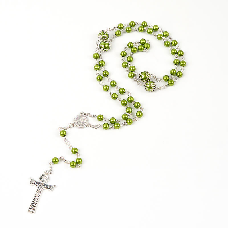 Christiandiscipleshop St. Benedict Medal & Trinity Cross of 6mm Green Floral Ball Prayer Beads Rosary