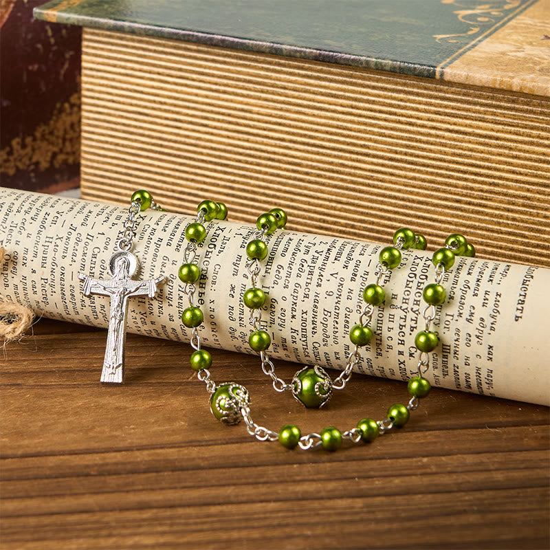 Christiandiscipleshop St. Benedict Medal & Trinity Cross of 6mm Green Floral Ball Prayer Beads Rosary