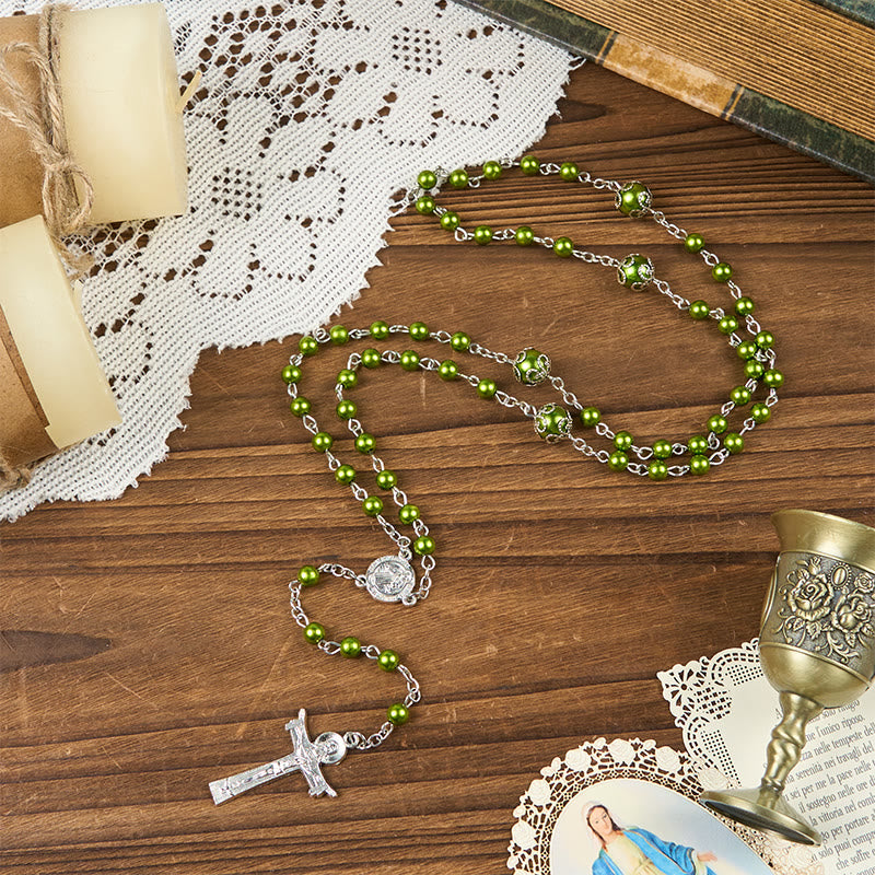 Christiandiscipleshop St. Benedict Medal & Trinity Cross of 6mm Green Floral Ball Prayer Beads Rosary