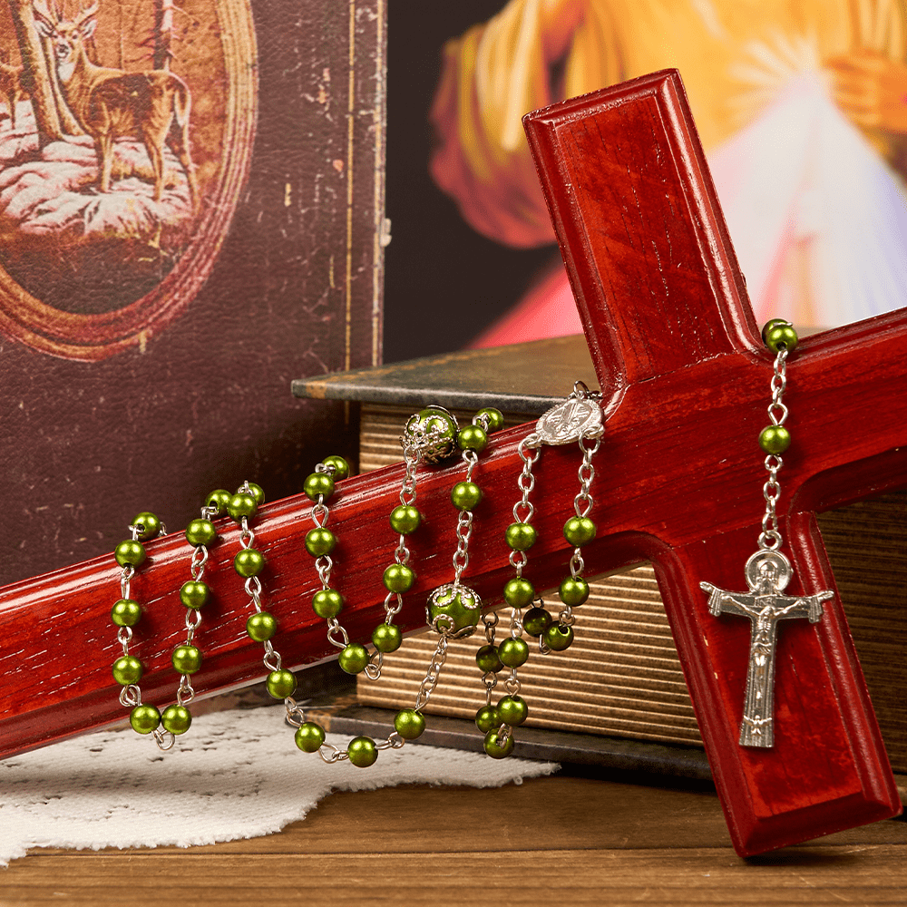 Christiandiscipleshop St. Benedict Medal & Trinity Cross of 6mm Green Floral Ball Prayer Beads Rosary