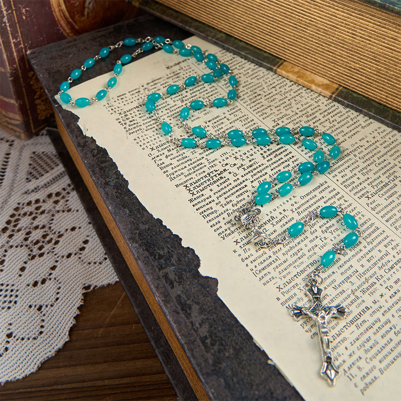 christiandiscipleshop Holy Gail & Crucifix of 6mm Aqua Blue Crystal Prayer Beads Rosary