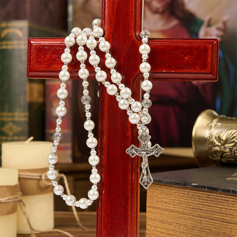 christiandiscipleshop Miraculous Medal & Crucifix of 8mm White Pearl Ball Prayer Beads Rosary