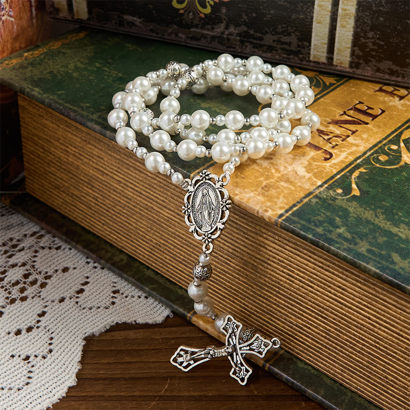 christiandiscipleshop Miraculous Medal & Crucifix of 8mm White Pearl Ball Prayer Beads Rosary