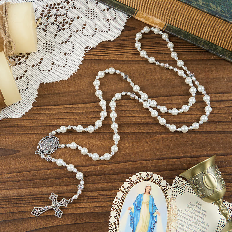 christiandiscipleshop Miraculous Medal & Crucifix of 8mm White Pearl Ball Prayer Beads Rosary
