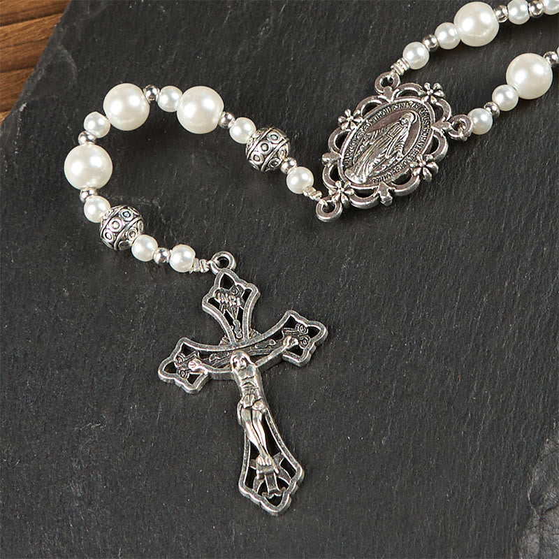 christiandiscipleshop Miraculous Medal & Crucifix of 8mm White Pearl Ball Prayer Beads Rosary