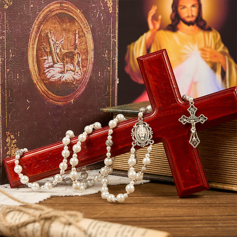 christiandiscipleshop Miraculous Medal & Crucifix of 8mm White Pearl Ball Prayer Beads Rosary