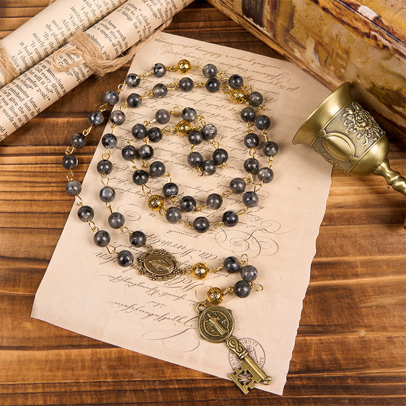 christiandiscipleshop Miraculous Medal & Saint Benedict Key of 8 mm Round Black Stone Alloy Chain Rosary