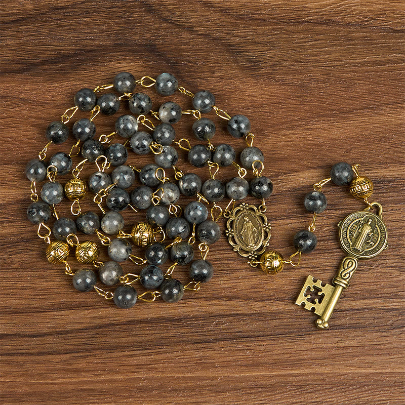 christiandiscipleshop Miraculous Medal & Saint Benedict Key of 8 mm Round Black Stone Alloy Chain Rosary