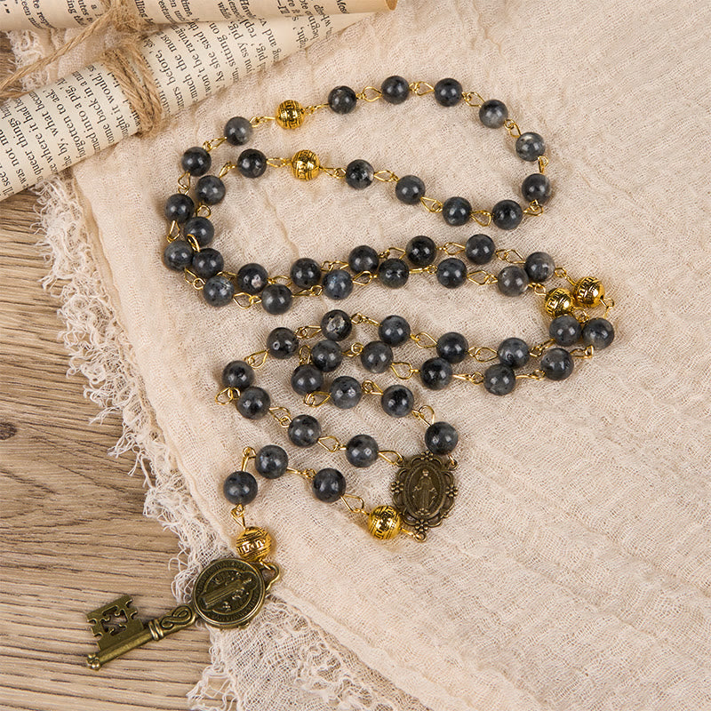 christiandiscipleshop Miraculous Medal & Saint Benedict Key of 8 mm Round Black Stone Alloy Chain Rosary