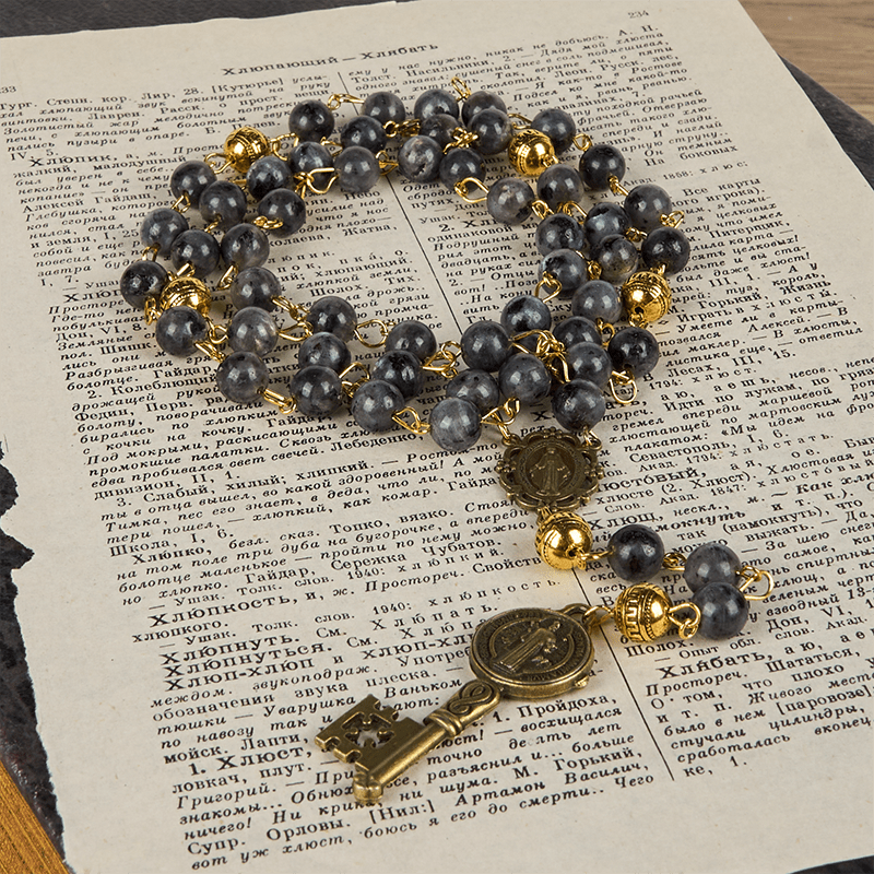 christiandiscipleshop Miraculous Medal & Saint Benedict Key of 8 mm Round Black Stone Alloy Chain Rosary