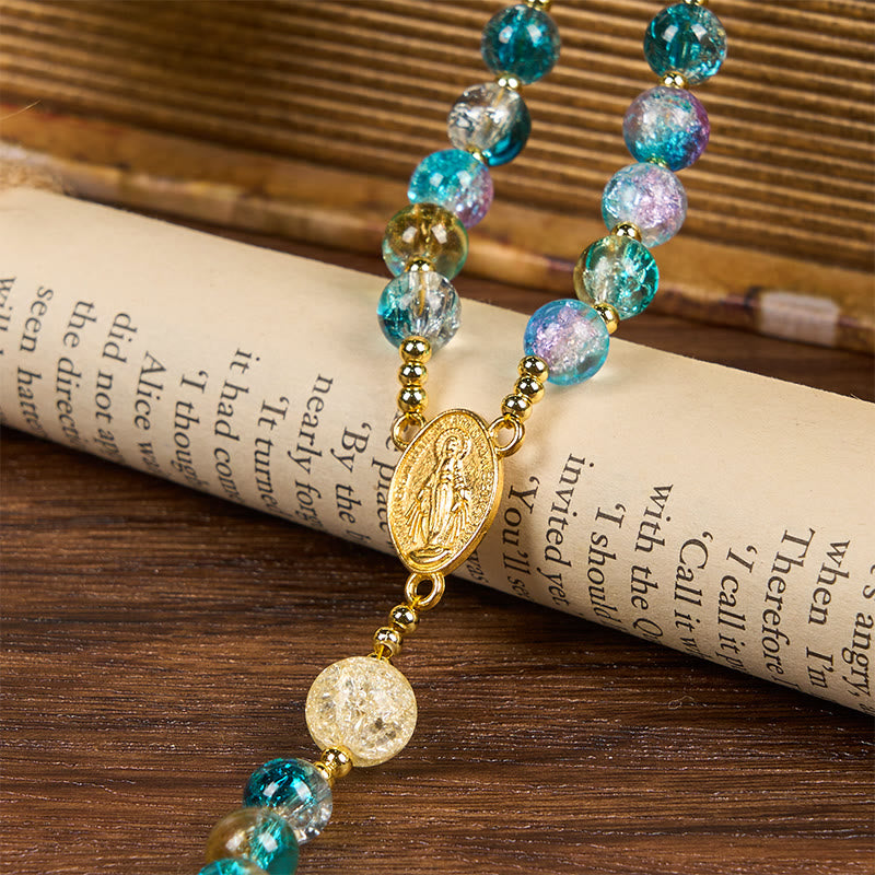 christiandiscipleshop Miraculous Medal & Celtic Cross of 8 mm Round Multicolor Glass Alloy Chain Rosary