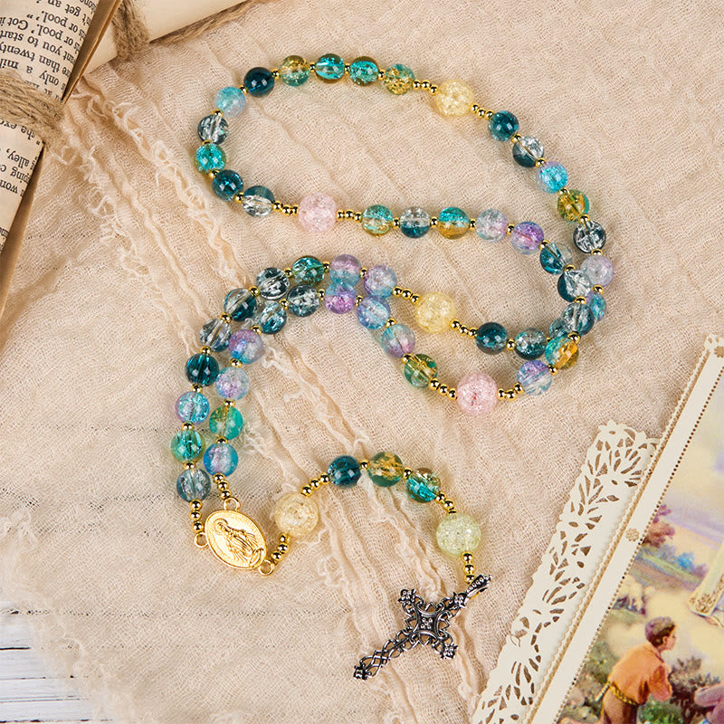 christiandiscipleshop Miraculous Medal & Celtic Cross of 8 mm Round Multicolor Glass Alloy Chain Rosary