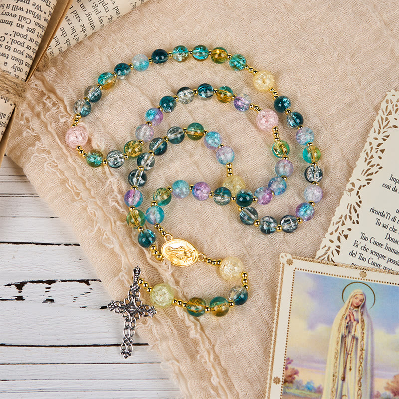 christiandiscipleshop Miraculous Medal & Celtic Cross of 8 mm Round Multicolor Glass Alloy Chain Rosary