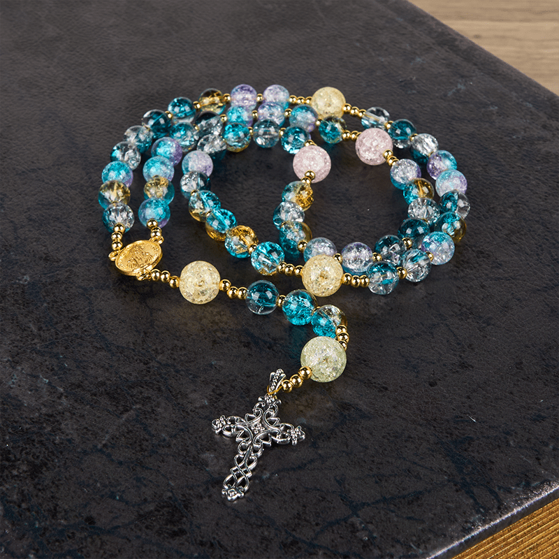 christiandiscipleshop Miraculous Medal & Celtic Cross of 8 mm Round Multicolor Glass Alloy Chain Rosary
