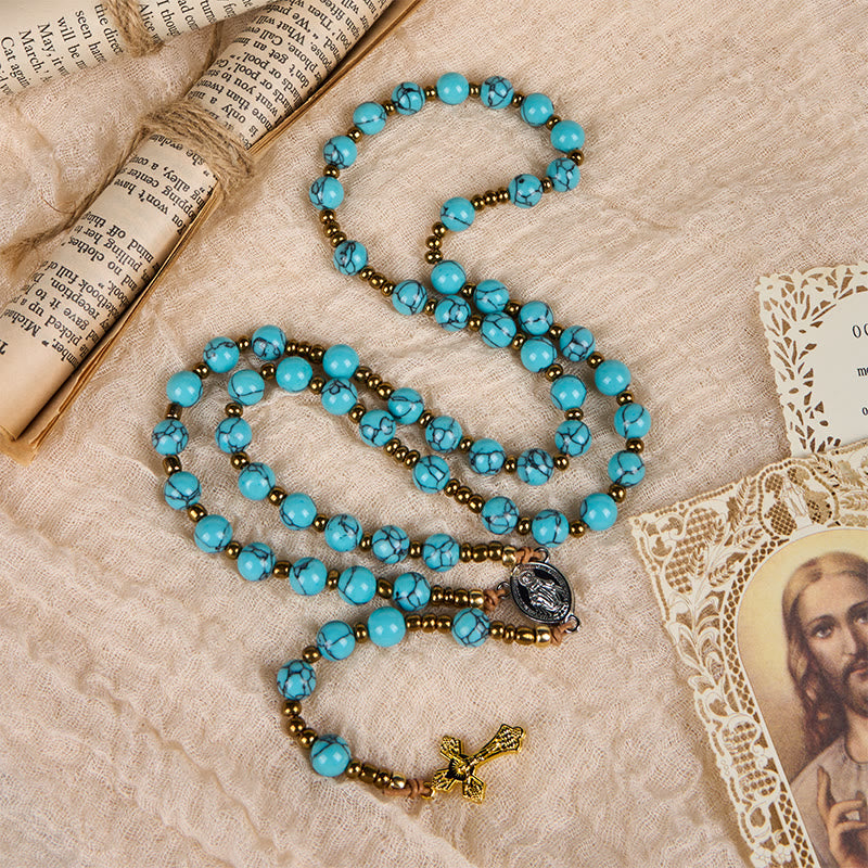 christiandiscipleshop Miraculous Medal & Crucifix of 8 mm Round Blue Acrylic Nylon Cord Rosary