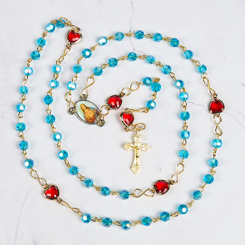 Christiandiscipleshop Sacred Heart of Jesus & Crucifix of 6 mm Polyhedron Blue Glass Alloy Chain Rosary