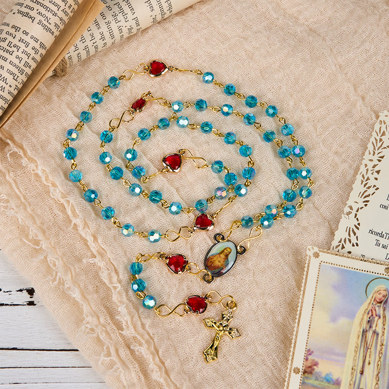 Christiandiscipleshop Sacred Heart of Jesus & Crucifix of 6 mm Polyhedron Blue Glass Alloy Chain Rosary