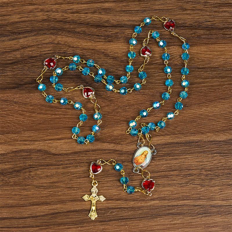 Christiandiscipleshop Sacred Heart of Jesus & Crucifix of 6 mm Polyhedron Blue Glass Alloy Chain Rosary
