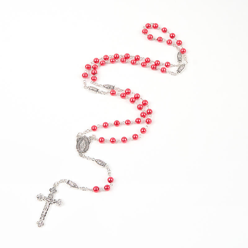 christiandiscipleshop Miraculous Medal & Crucifix of 6mm Pearl Ball Prayer Beads Rosary(White&Red)