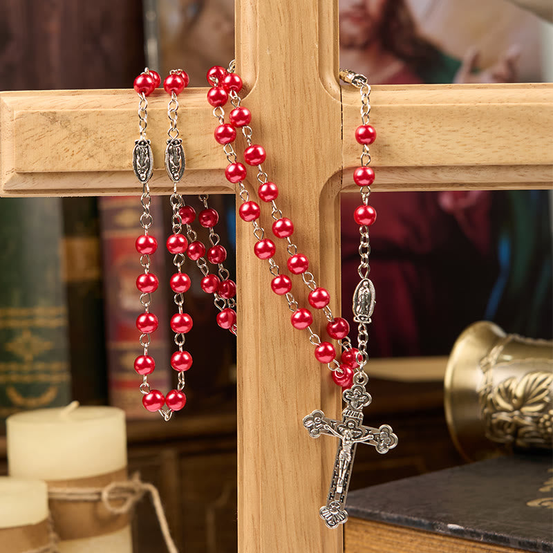 christiandiscipleshop Miraculous Medal & Crucifix of 6mm Pearl Ball Prayer Beads Rosary(White&Red)