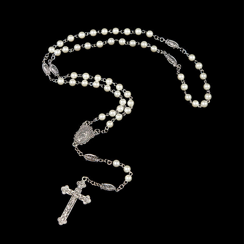 christiandiscipleshop Miraculous Medal & Crucifix of 6mm Pearl Ball Prayer Beads Rosary(White&Red)