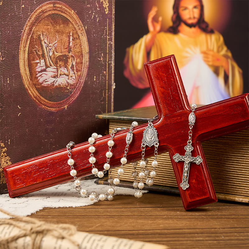 christiandiscipleshop Miraculous Medal & Crucifix of 6mm Pearl Ball Prayer Beads Rosary(White&Red)