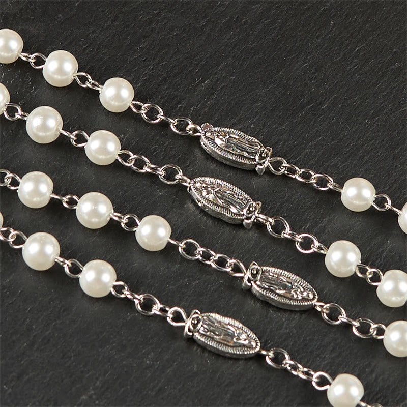 christiandiscipleshop Miraculous Medal & Crucifix of 6mm Pearl Ball Prayer Beads Rosary(White&Red)