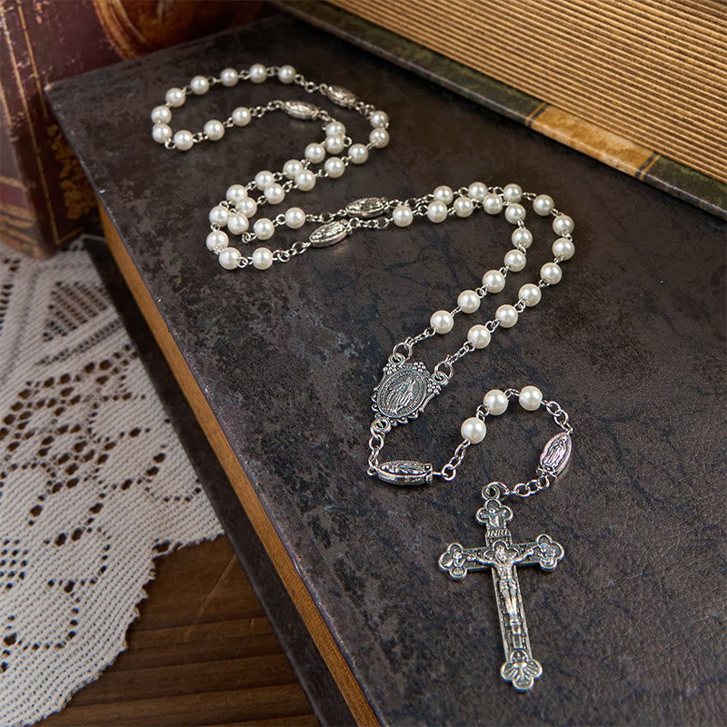 christiandiscipleshop Miraculous Medal & Crucifix of 6mm Pearl Ball Prayer Beads Rosary(White&Red)