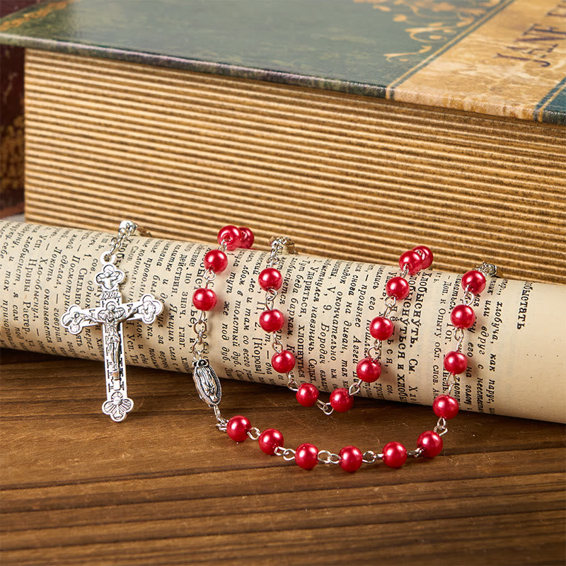christiandiscipleshop Miraculous Medal & Crucifix of 6mm Pearl Ball Prayer Beads Rosary(White&Red)