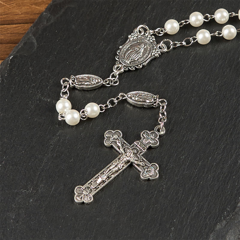 christiandiscipleshop Miraculous Medal & Crucifix of 6mm Pearl Ball Prayer Beads Rosary(White&Red)
