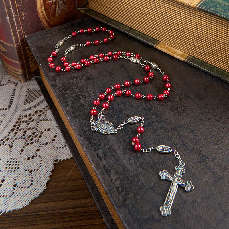 christiandiscipleshop Miraculous Medal & Crucifix of 6mm Pearl Ball Prayer Beads Rosary(White&Red)