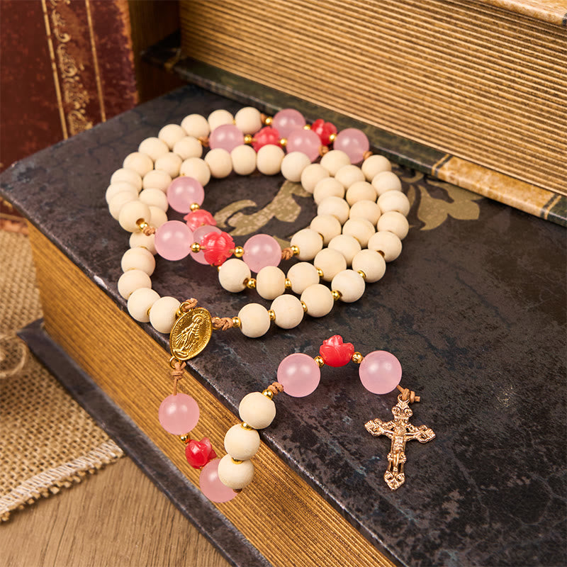 christiandiscipleshop Miraculous Medal & Crucifix of 10mm Natural Wood Prayer Beads Handmade Rosary