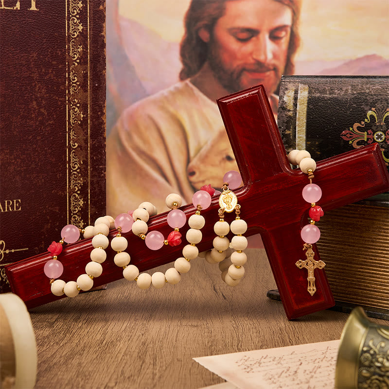 christiandiscipleshop Miraculous Medal & Crucifix of 10mm Natural Wood Prayer Beads Handmade Rosary