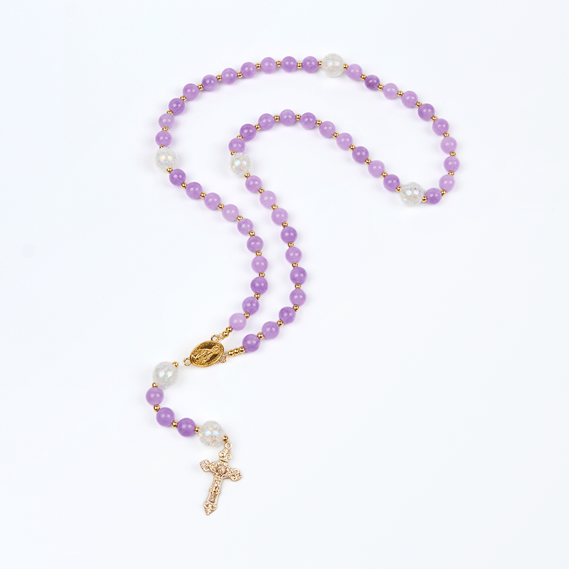 christiandiscipleshop Miraculous Medal & Crucifix of 8mm Purple Round Beads Handmade Rosary