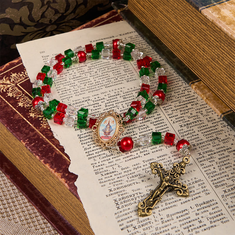 Christiandiscipleshop Our Lady of Guadalupe & Crucifix of 8mm Tricolor Beaded Handmade Rosary